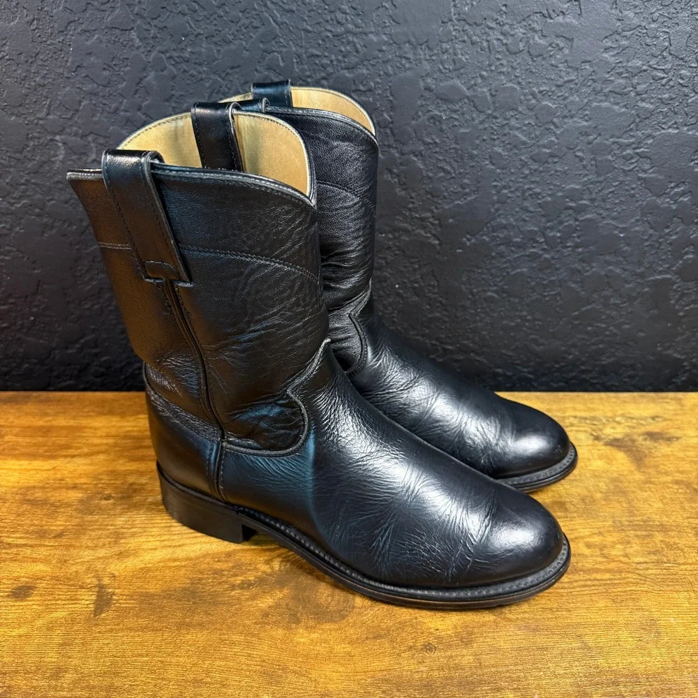 Justin Junior 3702Y Black Leather Western Roper Boots Kids Size 3.5 D